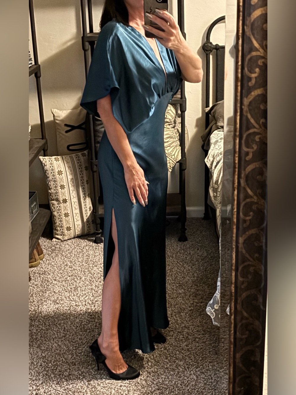 Dress Forum Teal Satin V-Neck Maxi Dress with Side Slit